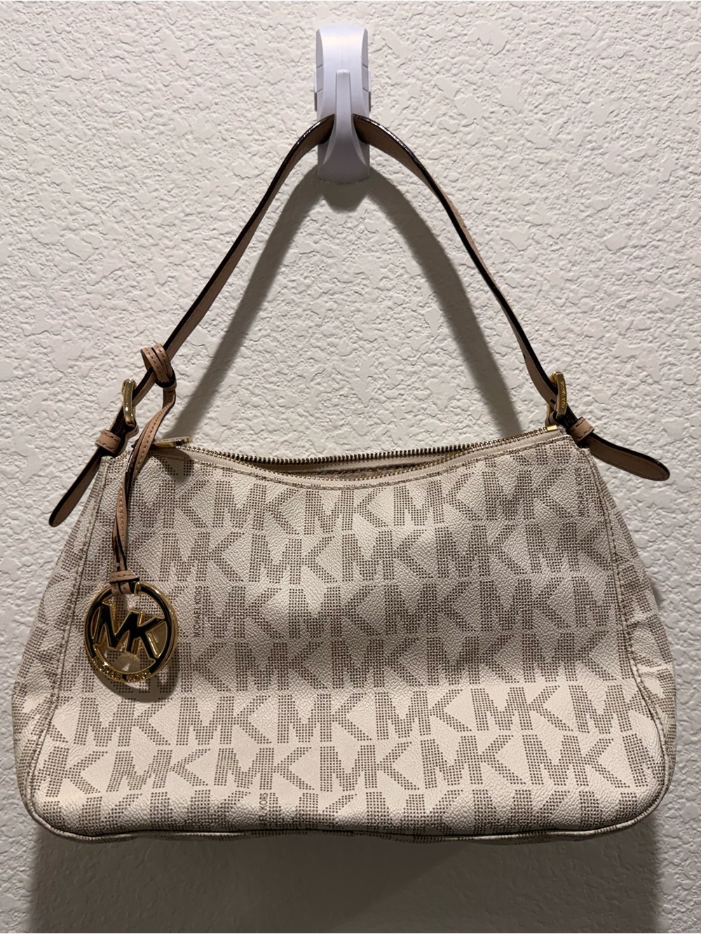 Michael Kors Cream and Brown MK Logo Shoulder Bag